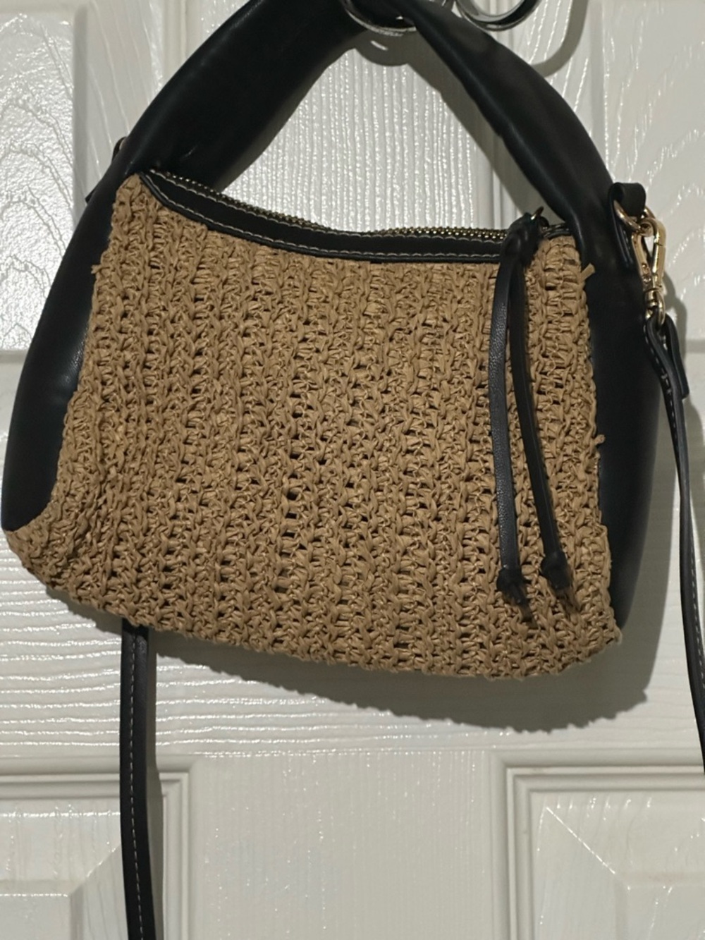 H&M Woven Straw Shoulder Bag w/ Black Leather Trim | Y2K Style